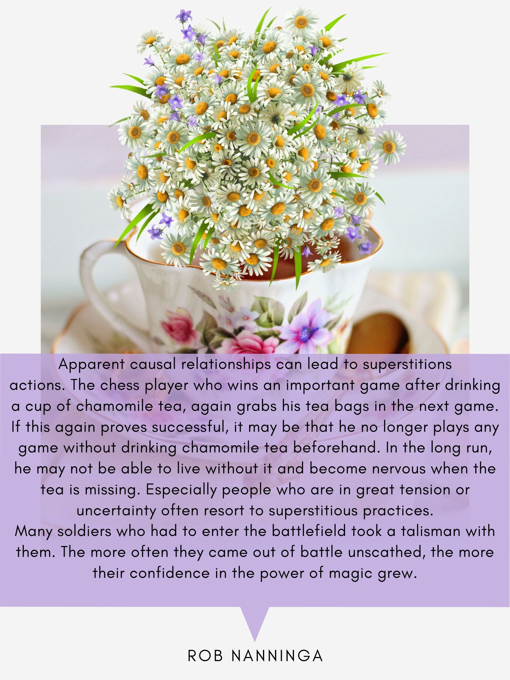 Rob Nanninga quote

Apparent causal relationships can lead to superstitions
actions.
The chess player who wins an important game after drinking a cup of chamomile tea, again grabs his tea bags in the next game.

If this again proves successful, it may be that he no longer plays any game without drinking chamomile tea beforehand. In the long run, he may not be able to live without it and become nervous when the tea is missing. Especially people who are in great tension or uncertainty often resort to superstitious practices.
Many soldiers who had to enter the battlefield took a talisman with them. The more often they came out of battle unscathed, the more
their confidence in the power of magic grew.

Rob Nanninga